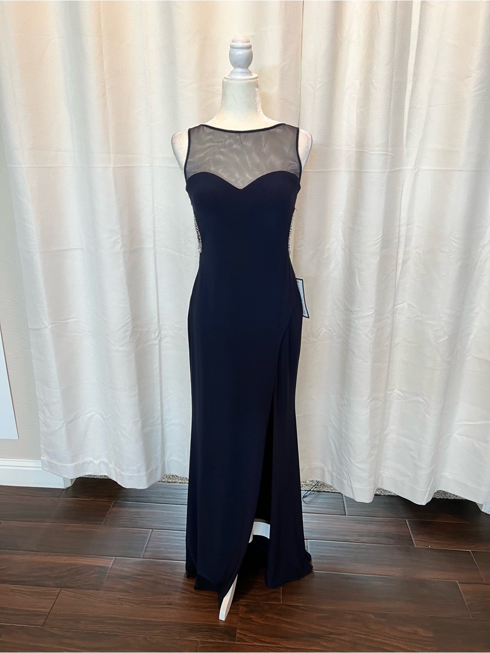 Blondie Nites Navy Illusion Mesh Evening Gown